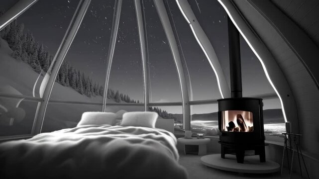 Cozy Wood-Burning Stove and Bed Inside a Glass Igloo with Snowy Forest View
