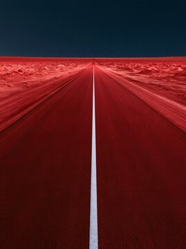 Long, straight road that stretches into the distance. the road is made of red asphalt and has a white line running down the center.
