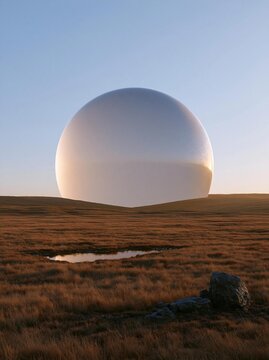 Large, spherical object in the middle of a vast, open field. the object appears to be made of a smooth, white material and is spherical in shape.