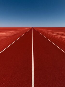 Long, straight road that stretches into the distance. the road is made of red asphalt and has a white line running down the center.