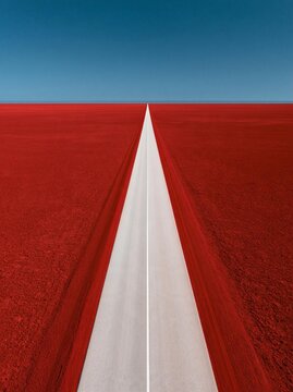 Long, straight road that stretches into the distance. the road is made up of two parallel lines, one white and one red, that intersect at the top and bottom of the image.