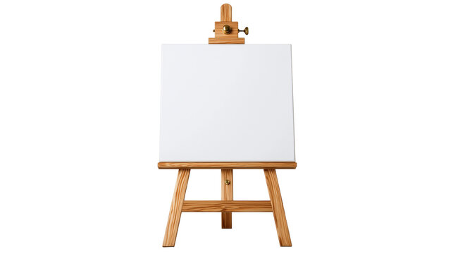Wooden artist easel with a blank white rectangular canvas for painting