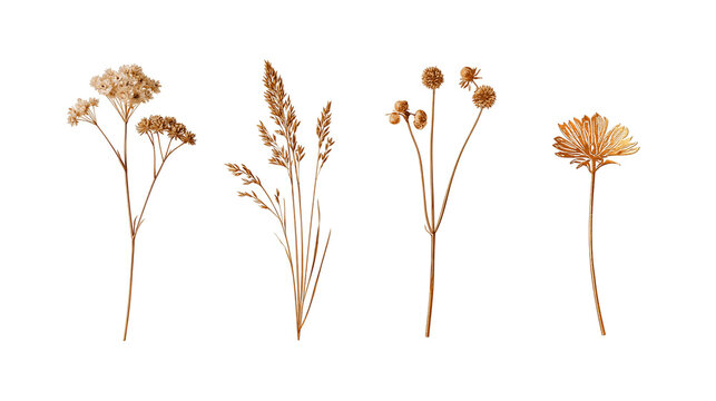 Dried golden wildflowers and grass stalks collection