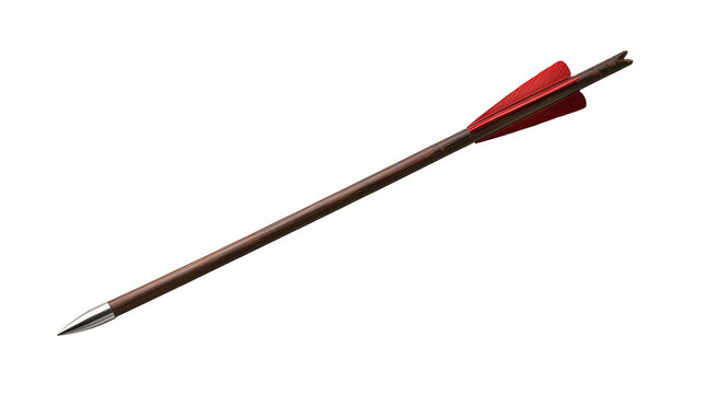 Wooden archery arrow with red fletching and sharp metal arrowhead