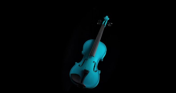 Elegant Teal Blue Classical Violin Rotating on Dark Studio Background Shot