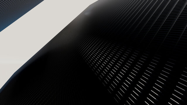 Black modern building facade with geometric grid pattern exterior