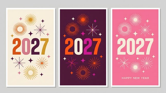 Set of three creative posters featuring the year 2027 with decorative line art icons on colorful backgrounds for modern holiday greeting card designs