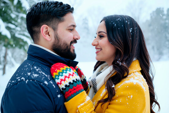 Close up of young adult couple embracing and smiling in snowy park, showing winter romance and relationship bonding. Ideal for dating, holiday marketing, lifestyle campaigns