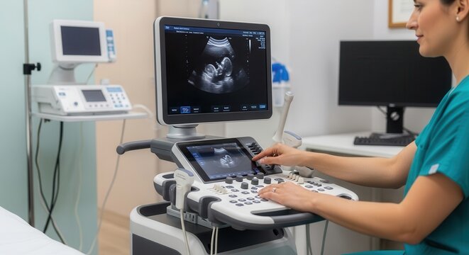 Medical professional operating ultrasound machine displaying fetal image. Healthcare technology and prenatal care.