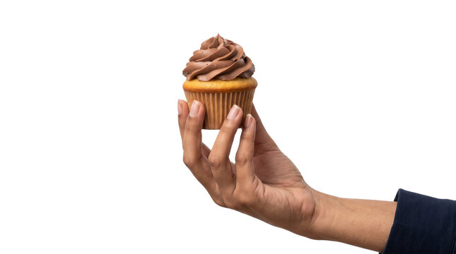Vanilla cupcake with swirled chocolate frosting held between fingers as an isolated transparent background PNG for commercial design use