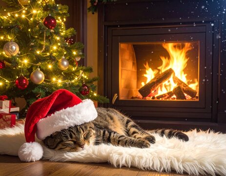 暖炉の炎とクリスマスツリーの前でサンタ帽をかぶって眠る猫