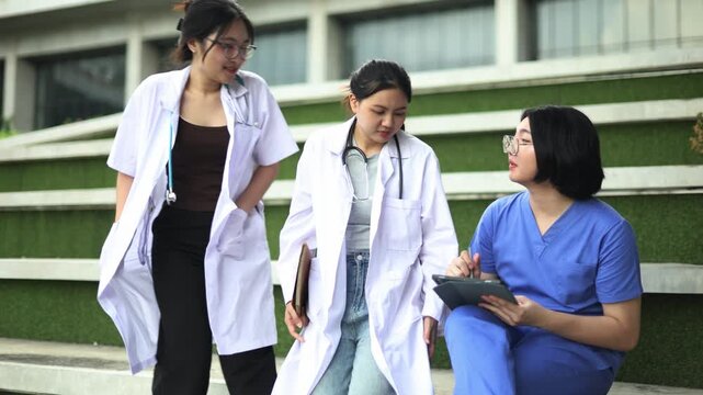 Group medical students medical university are discussing studies using digital tablets focusing health treatment and health technology research while sitting conversing open air courtyard.