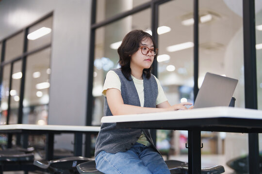 Young woman studying working on laptop in cafe