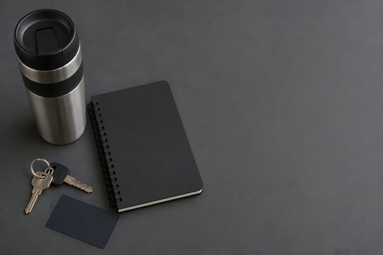 Morning commute essentials on a charcoal gray table