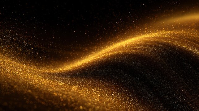 Glowing gold particle swirls over a dark backdrop for a luxurious abstract art background