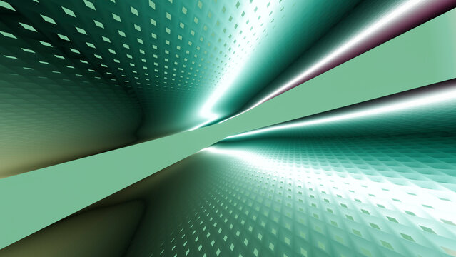 Abstract digital tunnel with green gradient and geometric pattern