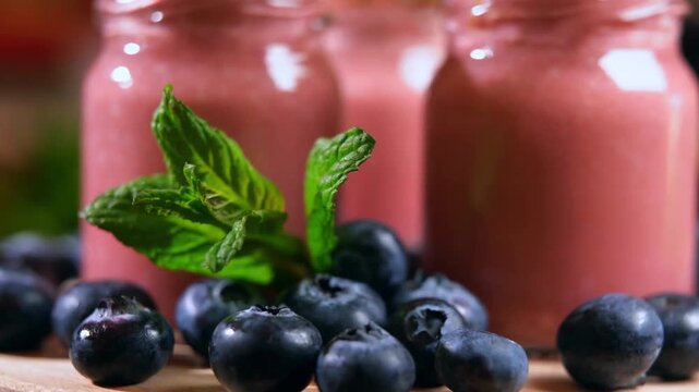 Fresh organic blueberries and mint leaves with creamy pink smoothie drinks behind