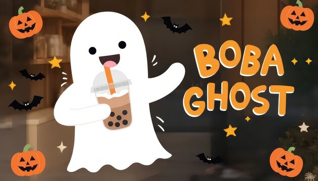 Cute ghost cartoon character drinking boba milk tea for Halloween