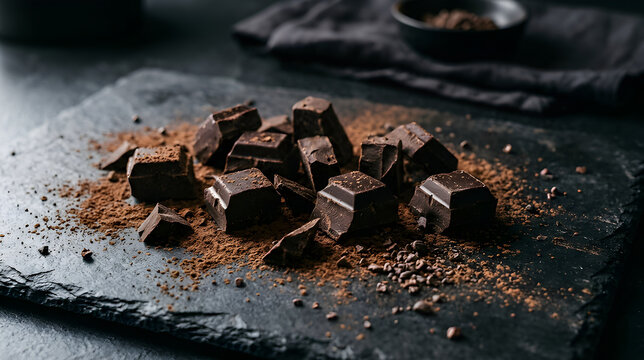 Dark chocolate chunks with cocoa powder on a rustic slate board with copy space