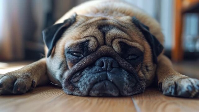Close-up of a Wrinkled Pug Dog Sleeping on a Wood Floor