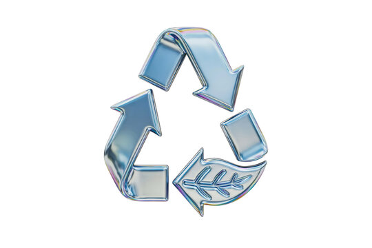 Metallic blue three dimensional recycling symbol with an embossed leaf pattern on one arrow isolated on a transparent background