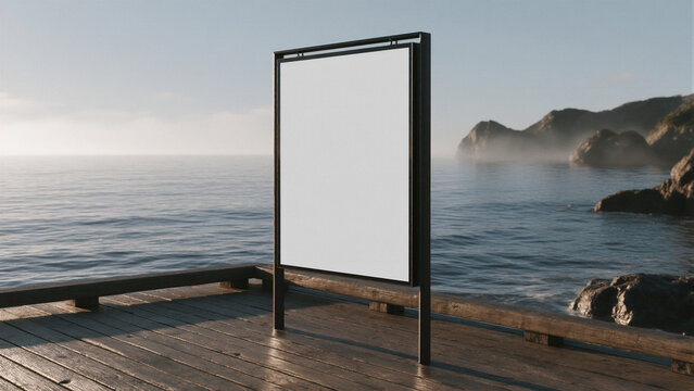 Minimalist outdoor billboard mockup on wooden pier. Blank vertical poster display by the ocean. Coastal advertising signage with sea view. isolated on Transparent Background