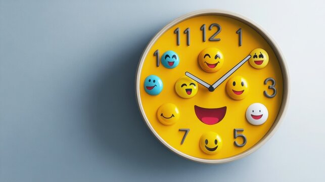 Yellow clock with emoji faces showing time and expressions on white studio background