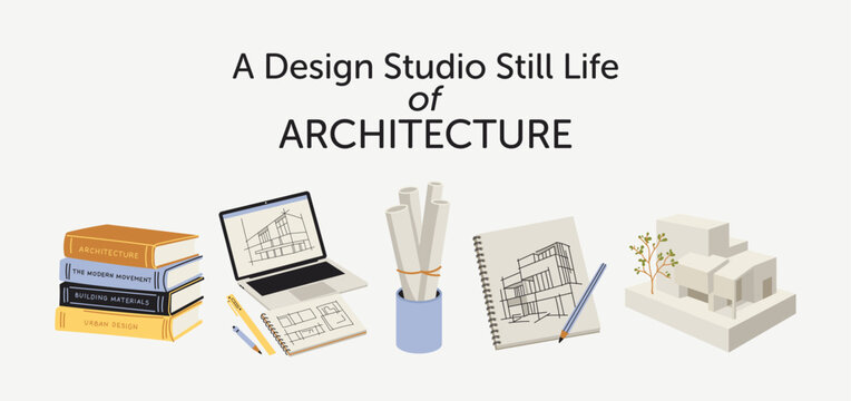 Architecture Design Studio Still Life with Books Laptop Blueprints Sketchbook and Model, Workspace Flat Vector Illustration
