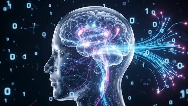 Glowing artificial intelligence head with glowing brain neural network and floating digital binary code on dark background.