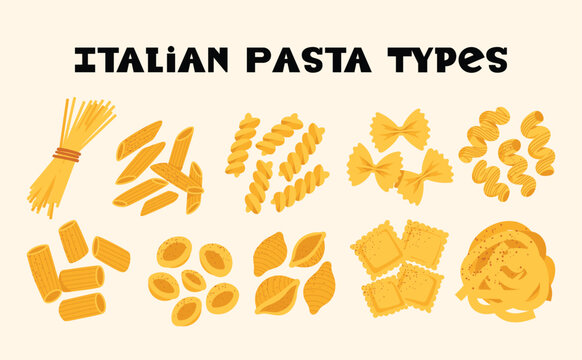 Italian Pasta Types Set with Spaghetti Penne Fusilli Farfalle Ravioli and Shells, Yellow Beige Palette, Flat Vector Illustration