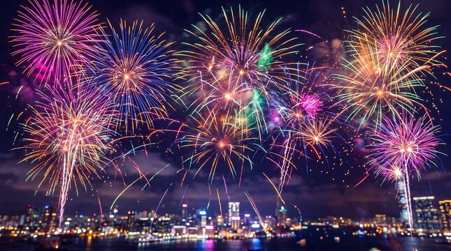 Vibrant multicolored fireworks display exploding over a dark city skyline during a festive evening celebration event