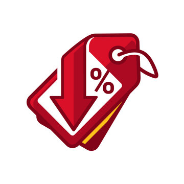 Red discount tag with percentage symbol and downward arrow for sales