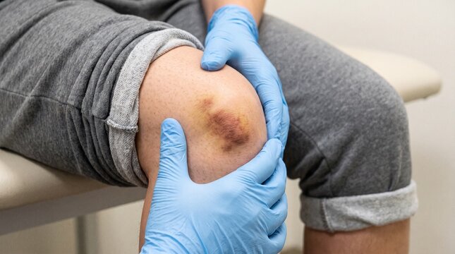 Doctor examining bruise on patient's knee with blue gloves.