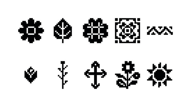 Pixel Floral Embroidery, solid glyph icon set featuring pixel flower, block leaf, squared blossom, embroidery tile, folk border, geometric bud, pixel stem, ornamental cross and floral motif, covering