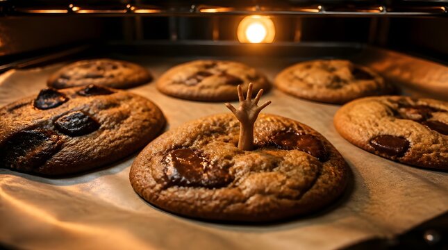 Tiny hand reaching out from a chocolate chip cookie baking in oven