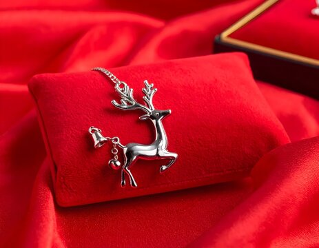Elegant Silver Reindeer Charm Ornament with Jingle Bell on Festive Red Velvet Background