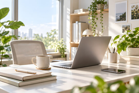 Bright Modern Home Office with Laptop and Green Plants