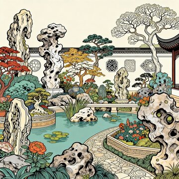Traditional Chinese Garden With Rockery And Pond Landscape