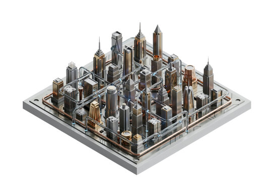 Miniature isometric city model featuring metallic skyscrapers and transparent grid pathways on a square base isolated on a transparent background