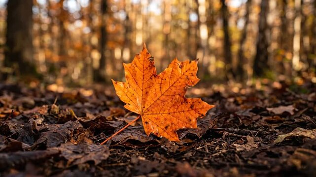Bright orange autumn leaf resting on a forest floor with fallen foliage