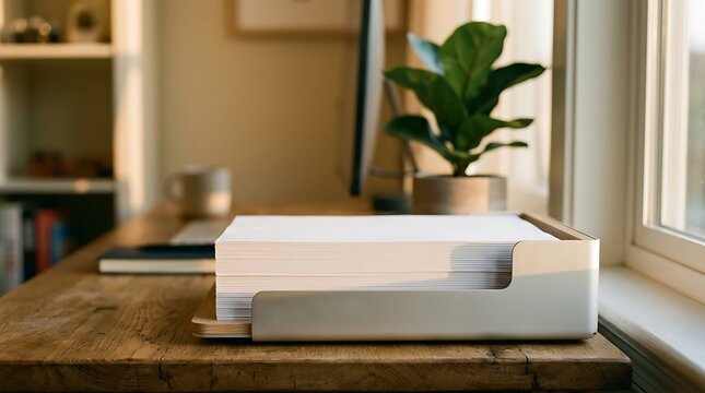 Stack of blank white paper sheets inside a modern metal desk organizer on a wooden table