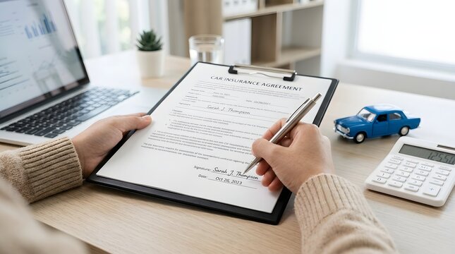 Person signing car insurance agreement with laptop, calculator, and toy car on desk