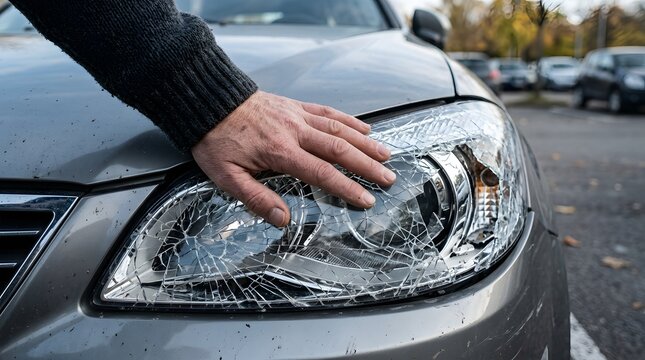 Close-up of a person's hand touching a broken car headlight, symbolizing accident and damage