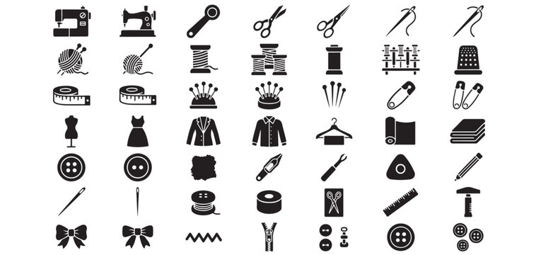 Sewing tools and accessories vector icon set with scissors needles and pincushion symbols