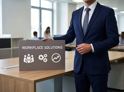 Man in suit presenting workplace solutions with icons for people and gears on a sign in bright office interior.