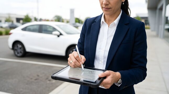 Professional woman signing digital contract on tablet near white car for insurance or sales