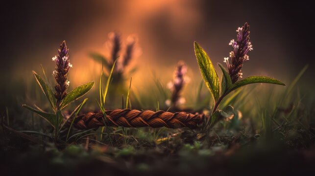 Whispers of the Wild: Delicate wildflowers and a pinecone form a miniature natural tableau on a bed of mossy ground, bathed in the warm, ethereal light of a forest morning.