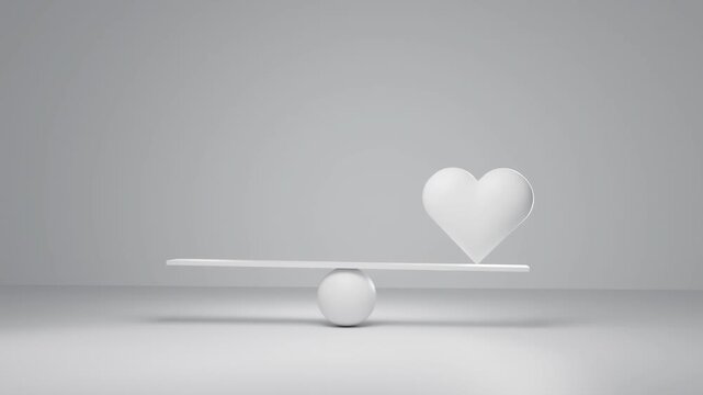 Balancing heart and money on a scale, conceptual 3D animation about emotional value versus financial wealth, happiness, relationships and life priorities