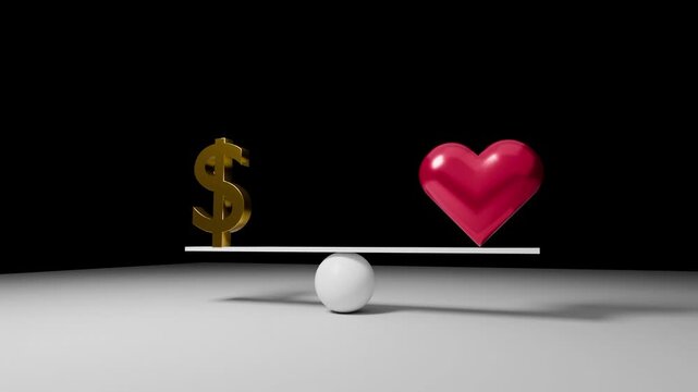 Balancing US dollar and heart on a scale, conceptual 3D animation about choosing between money and love, wealth, happiness and personal values