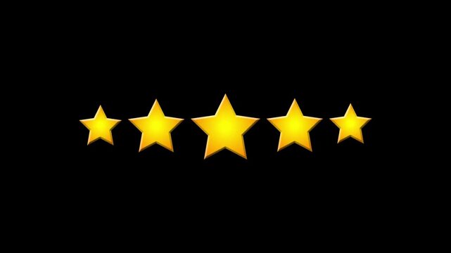 Five golden stars rating animation popping up for customer review and feedback, best star Ui animation with a black background for apps and websites in 4K.  